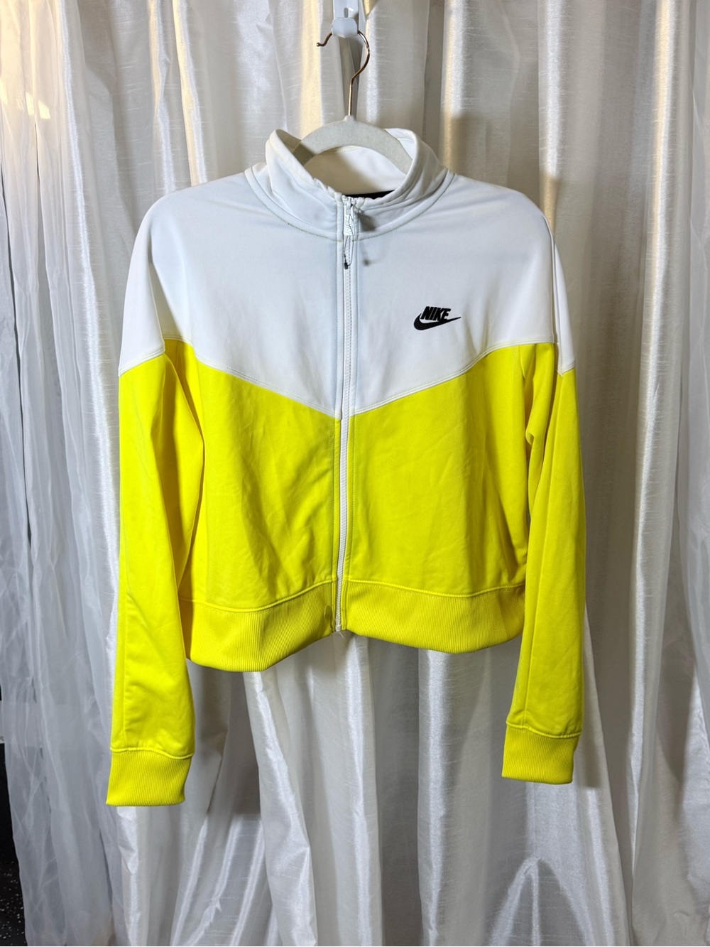 Nike White and Yellow Colorblock Zip Front Varsity Jacket